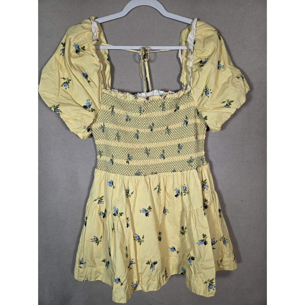 By Anthropologie puff-sleeve square-neck smocked mini dress for spring/summer